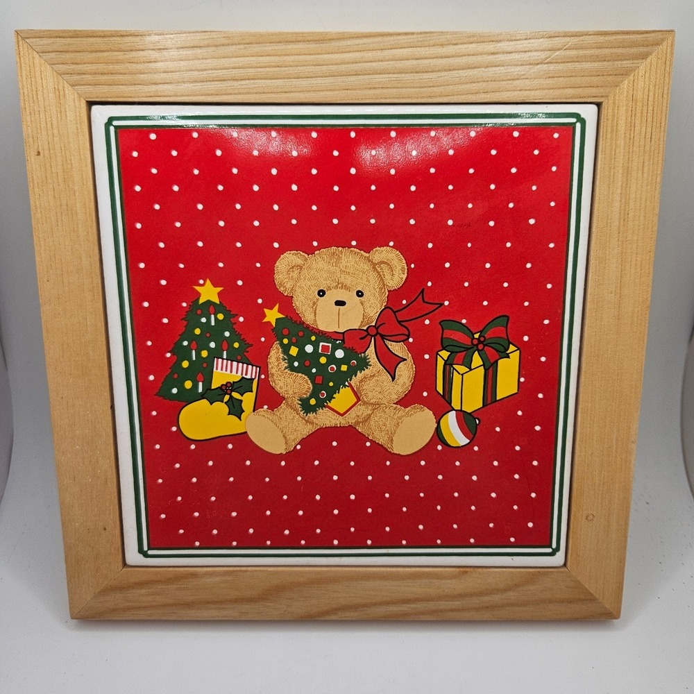 Vintage Made in Japan Ceramic Tile Teddy Bear Christmas Wall Decor Wood Frame‎
